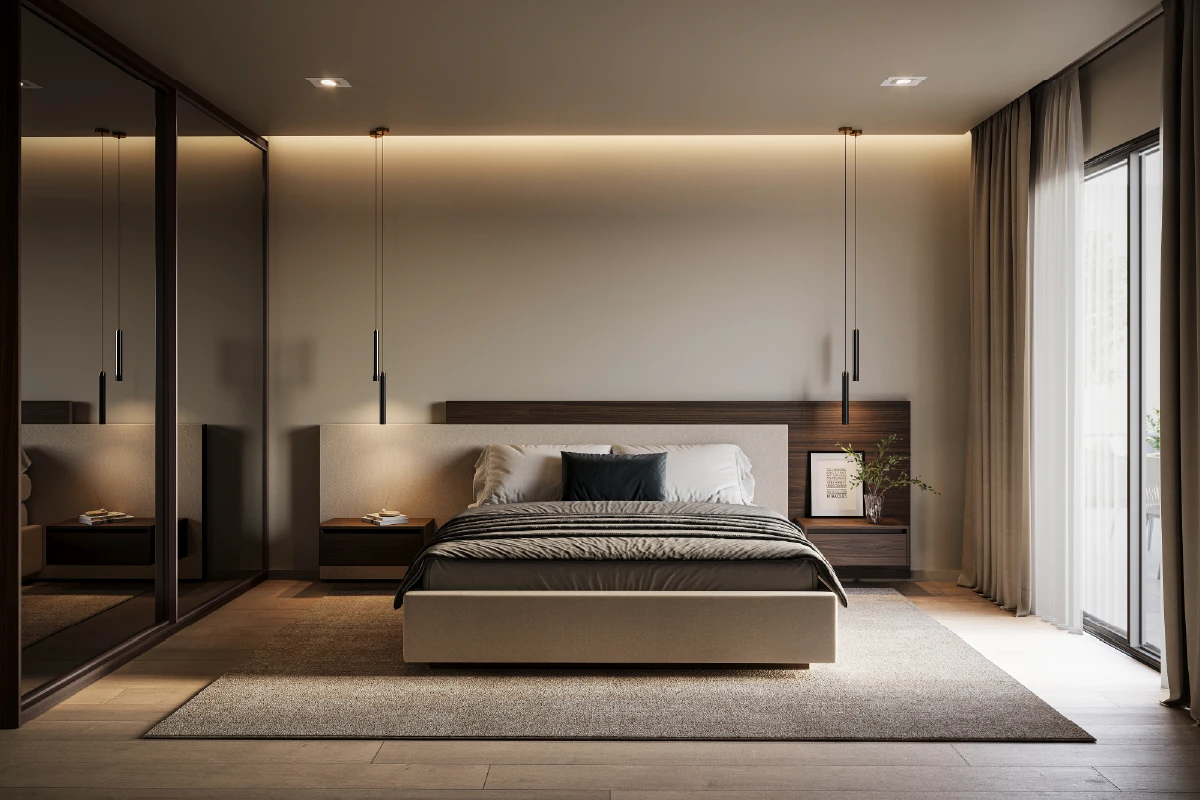 Design bed waarin hout en stof zijn gecombineerd