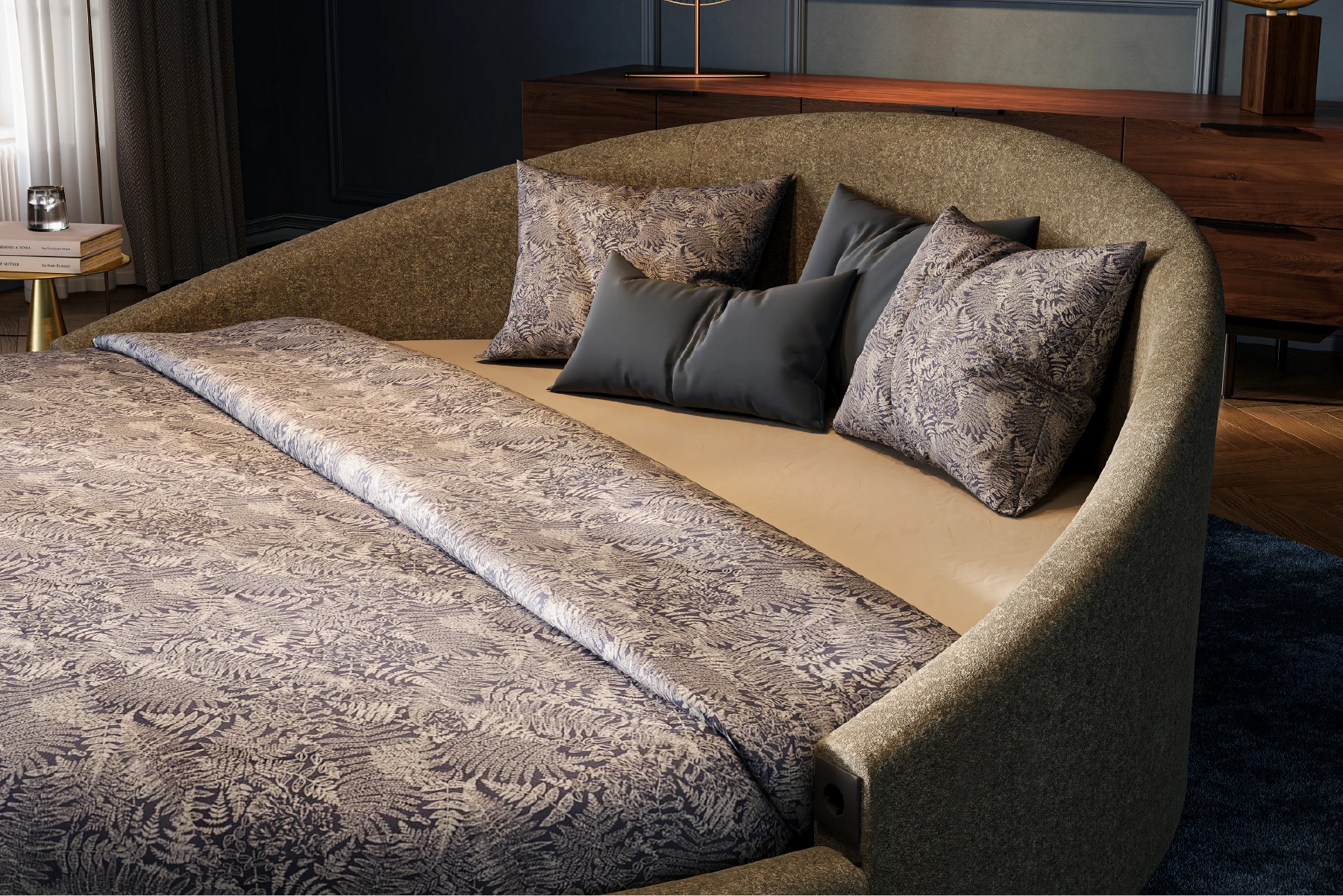 Slaapkamer met rond bed