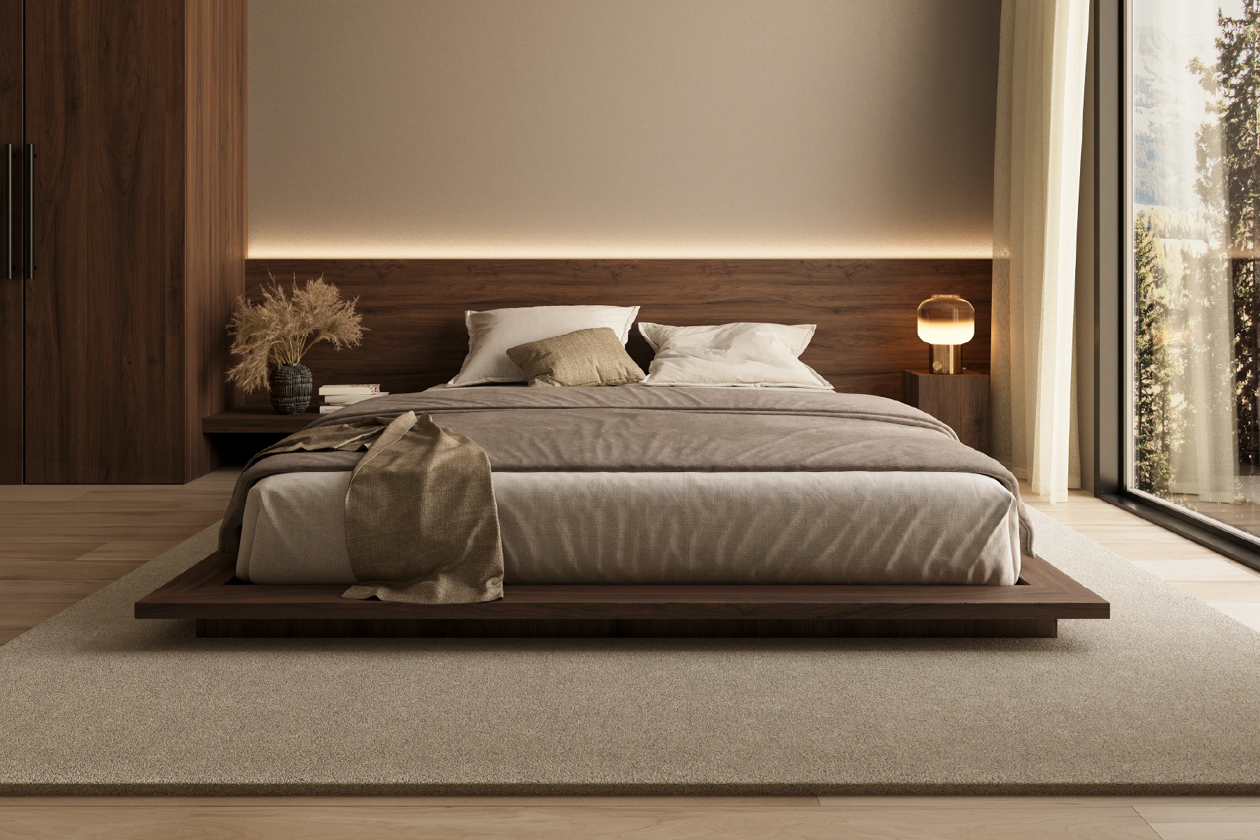 Modern laag houten design bed in noten