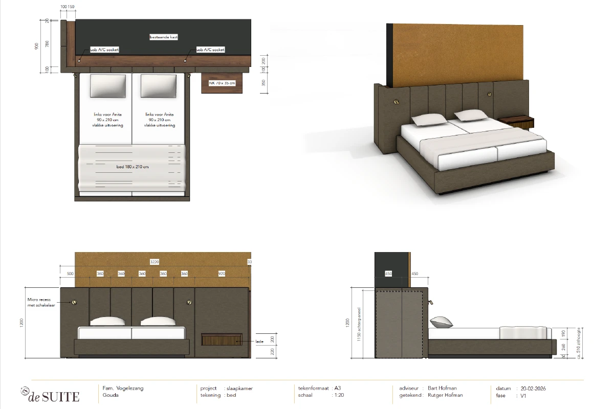 Ontwerptekening van het bed met het hoofdpaneel Formosa
