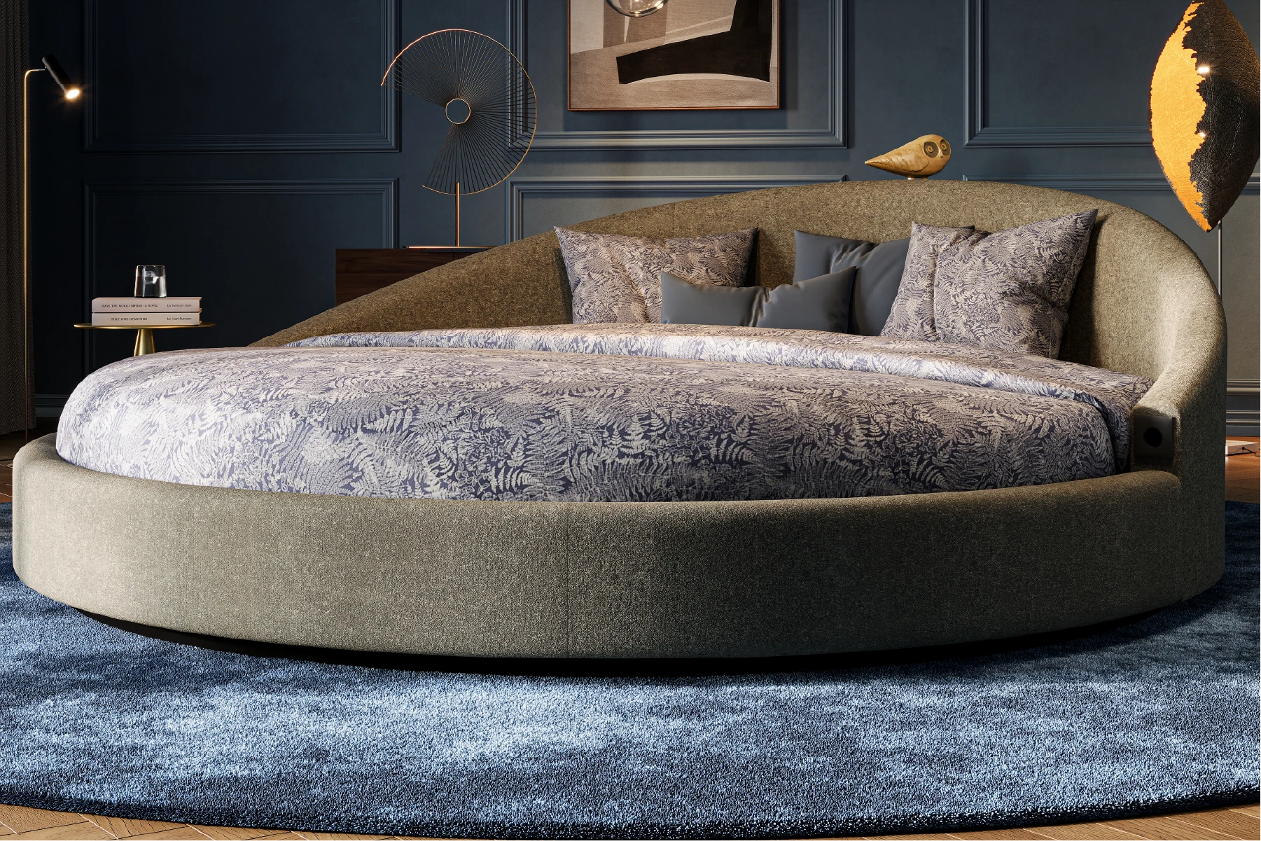 Slaapkamer met rond bed