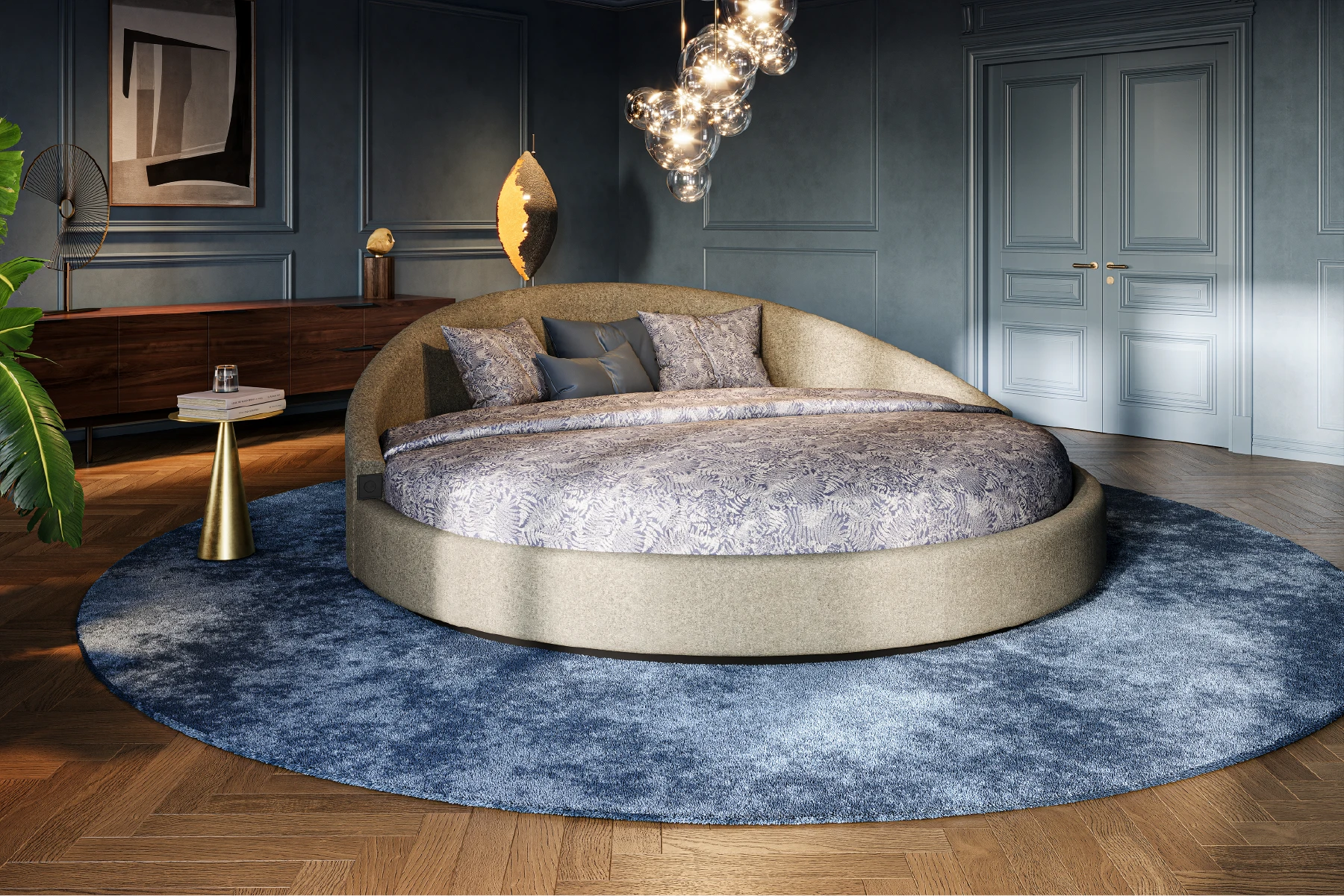 Slaapkamer met rond bed