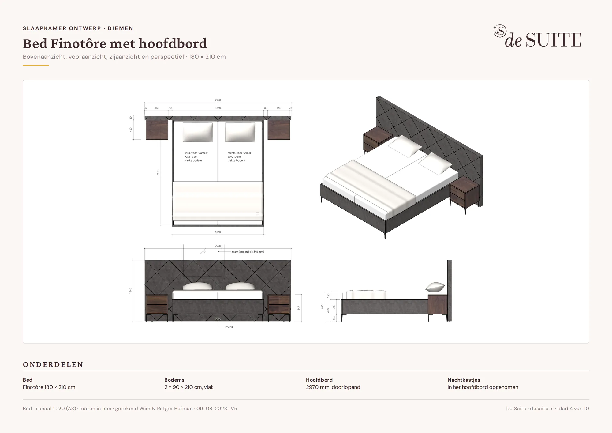 Tekening van het bed op maat