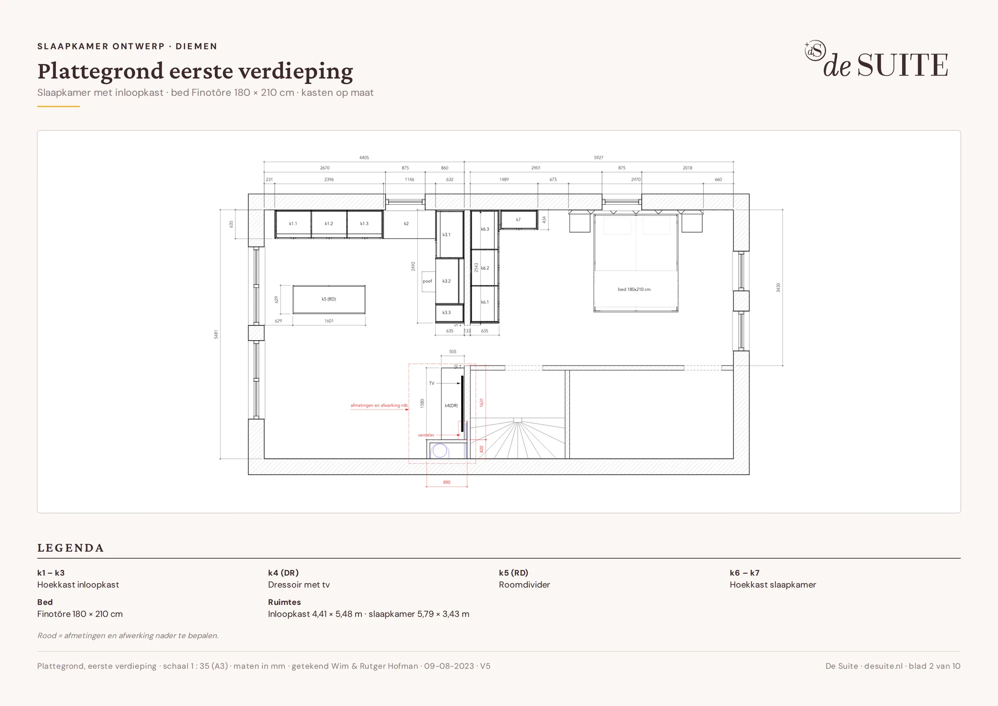 Plattegrond met de indeling van de slaapkamer