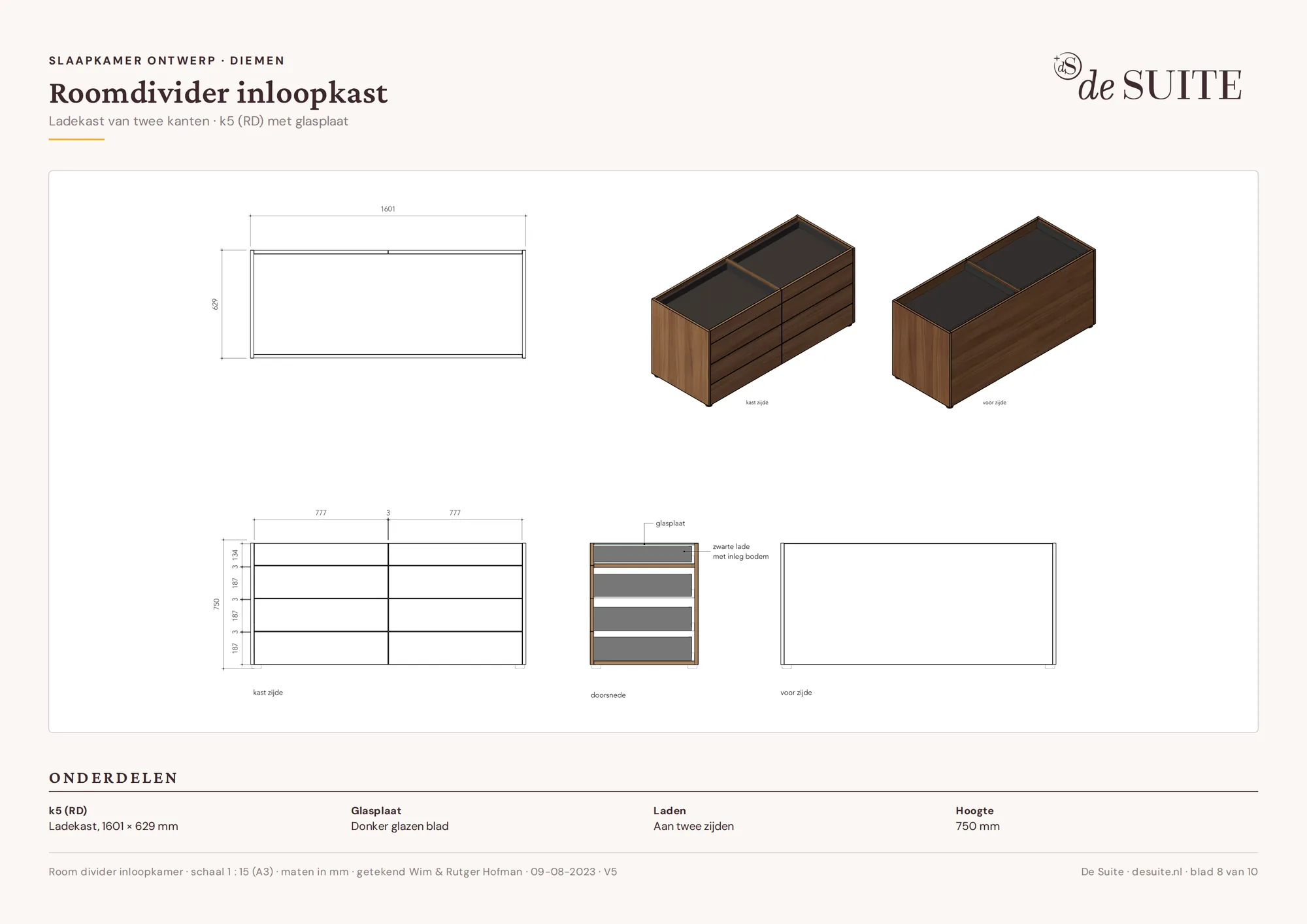 Tekening van de room divider